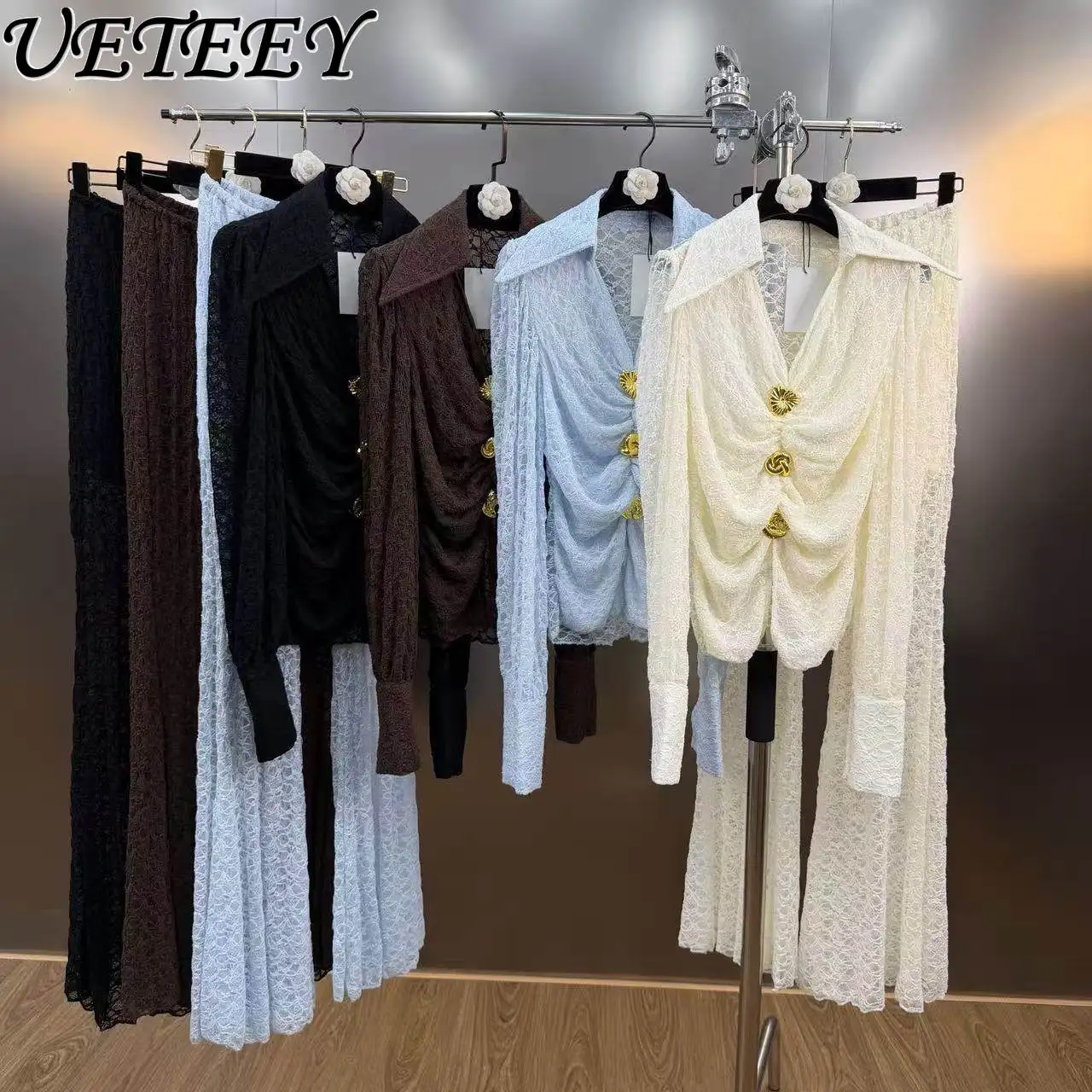 

2026 Spring Turn-Down Collar Long Sleeve Metal Button Ruched Lace Shirt and High Waist Flared Long Pants Slim Fit Two-Piece Set