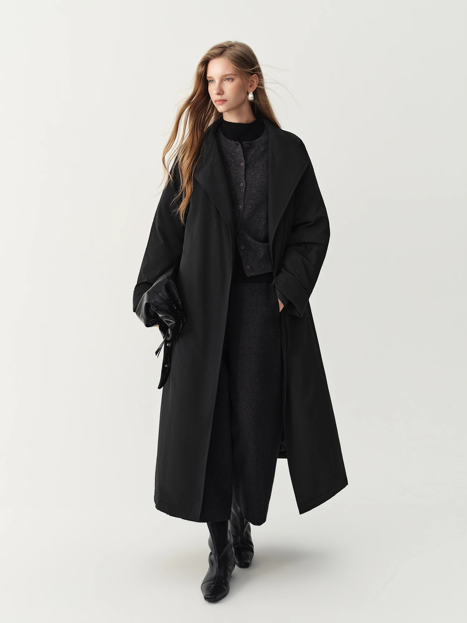 FSLE 2026 Winter Women's Commute Stand Collar Direct Down Fill Trench Inspired Down Mid Long Puffer Coat Warm Quilted Outerwear