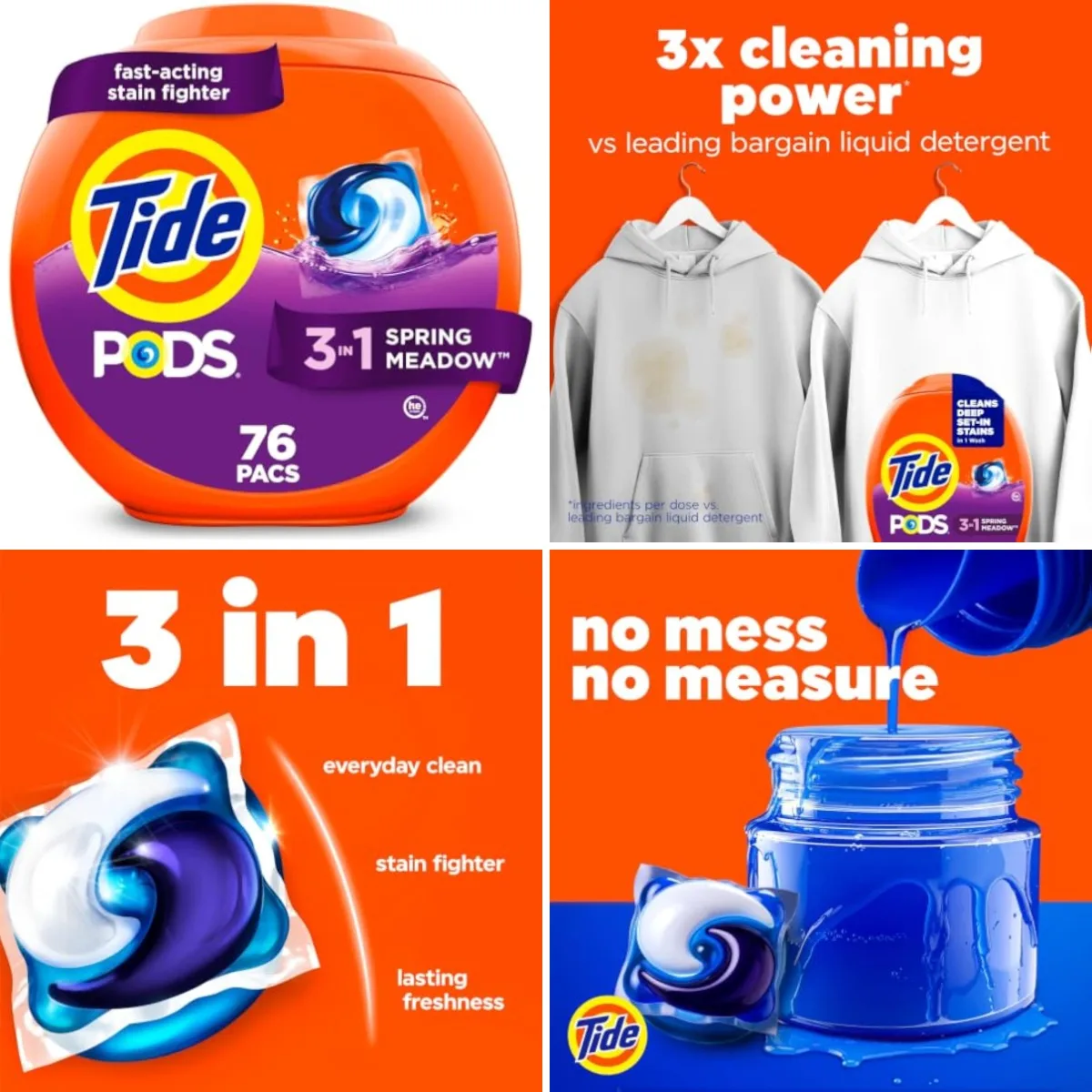 PODS laundry detergent pacs, 3-in-1 Stain Remover, Odor Fighter, Color Protector, 76 Count, HE compatible, Spring Meadow Scent