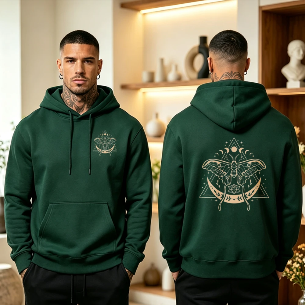 Vintage Triangle Crescent Moon Death Moth Graphic Hoodie Men Women Witchy Mystical Insect Front Back Hooded Sweatshirt Pullover