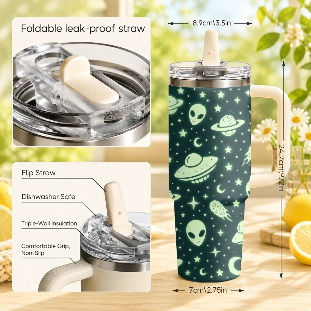 Alien Halloween Vacuum Flasks 40oz Stainless Steel Tumbler with Handle Straw Lid Vacuum Insulated Double Wall Leak Proof