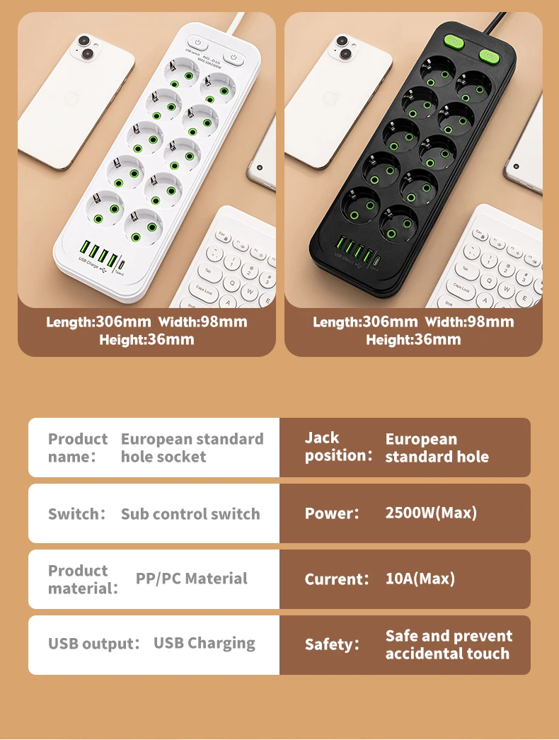 EU-Stecker Mehrfachsteckdose mit 2m Verlängerungskabel, Elektrische Steckdose mit Smart-USB, Überspannungsschutz und Netzwerkfilter für Zuhause und Büro – Detail 10