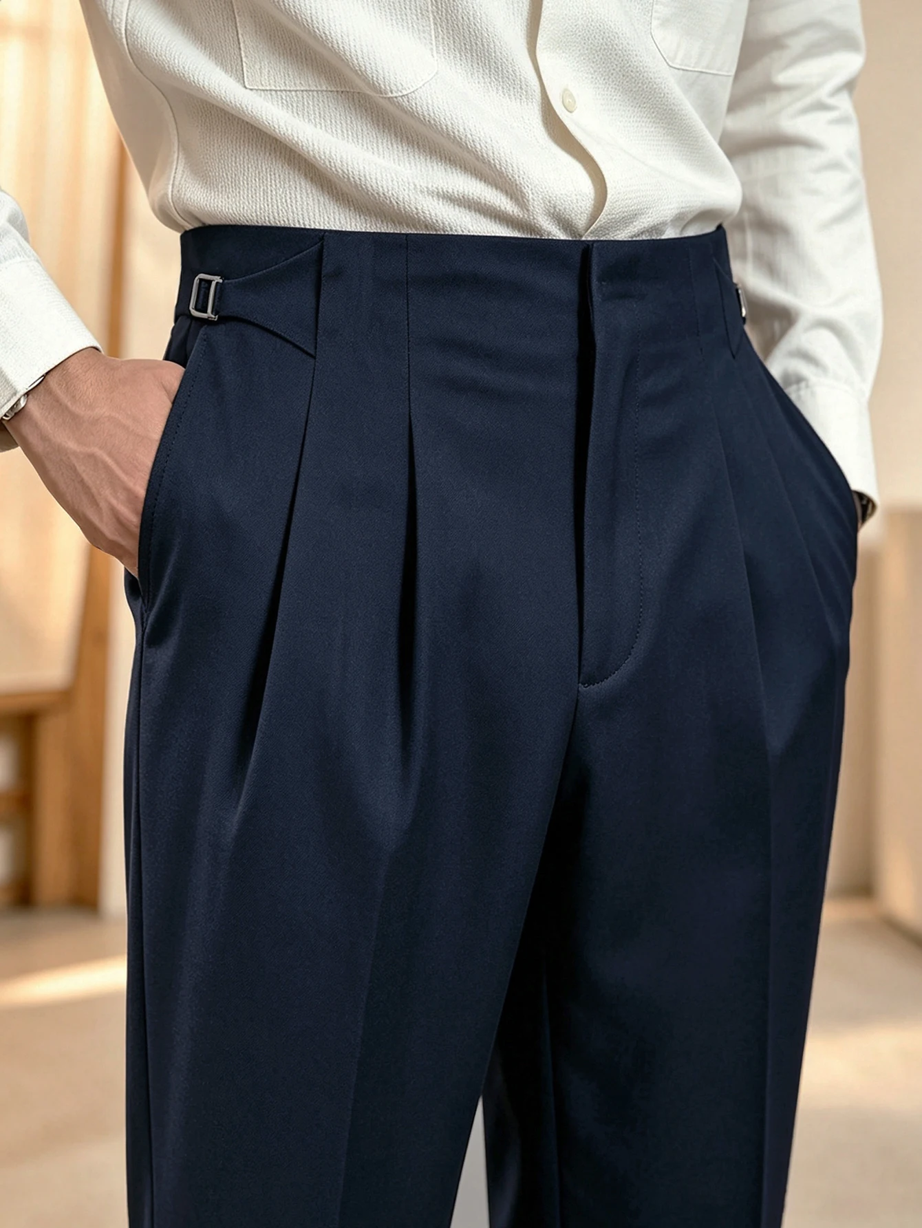 Autumn Winter Men Beige Solid Neapolitan Pleated High Waist Wide Leg Suit Trousers, Button Detail Light Business Pants for Commu