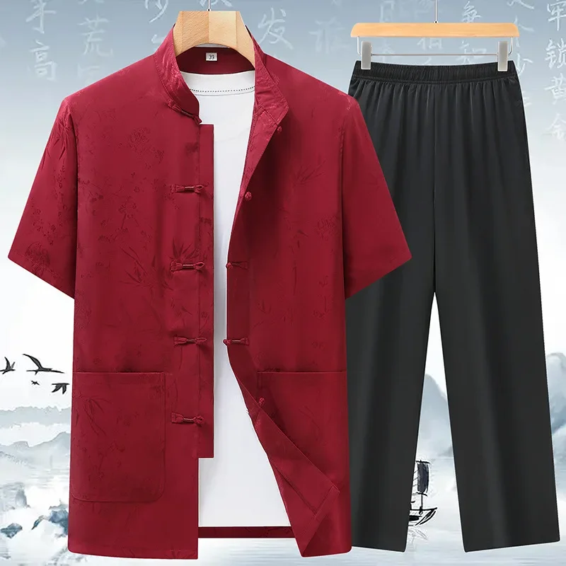 4 Color Chinese Traditional Printed Short Sleeved Tang Suit Men Summer Tai Chi Kung Fu Uniform Shaolin Uniform Grandpa Shirt