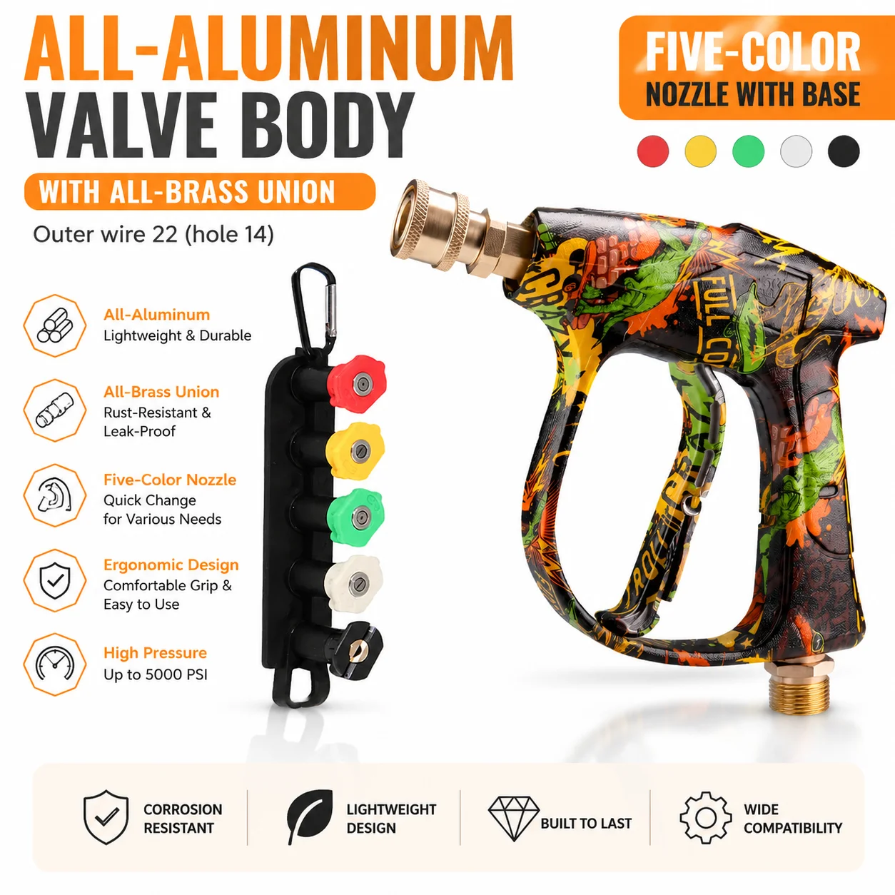 2026 Stylish Graffiti Pressure Wash Gun Featuring Copper Head and Aluminum Valve, Equipped with 5 Color-Coded Nozzles