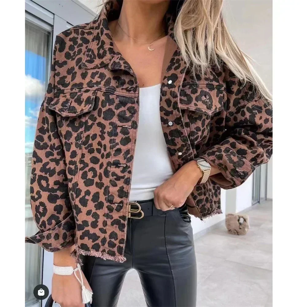 Vintage Denim Jackets for Women 2024 New Leopard Demin Jacket Trendy Long Sleeve Slim Winter Jacket Women Coats Boyfriend Loose