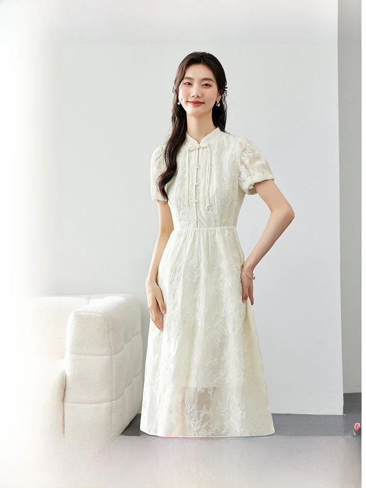 

New Chinese Style Apricot Color Women's Midi Dress Slimming A-Line Skirt Waist-Cinching Summer Fashionable Rylee Cotton Fiber