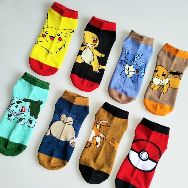 1pair Pokemon Action Figure Pikachu Snorlax Eevee Raichu Anime Peripheral Cotton Printed Boat Socks Adult Socks Birthday Gifts