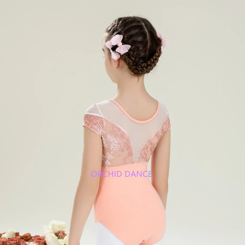 New Coming Fashion Cute Design Kids Girls Children Cotton Spandex Dance Wear Mesh Velvet Short Sleeve Ballet Leotard