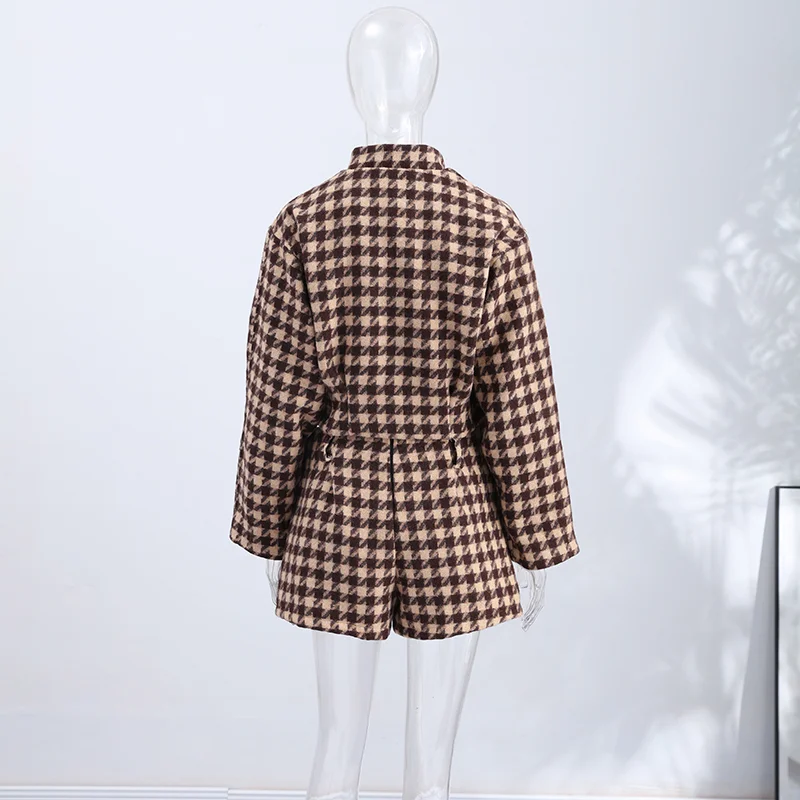 Vintage Braun Frauen Plaid Mantel Kurze Sets 2 Stück Langarm Revers Jacke Hohe Taille Slim Fit Kurze 2025 Dame Mode Outfits – Detail 4