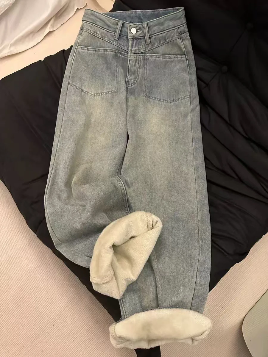 

Джинсы женские зимние больших размеров с флисовой подкладкой, широкие, с высокой талией, прямого кроя, свободные, синие