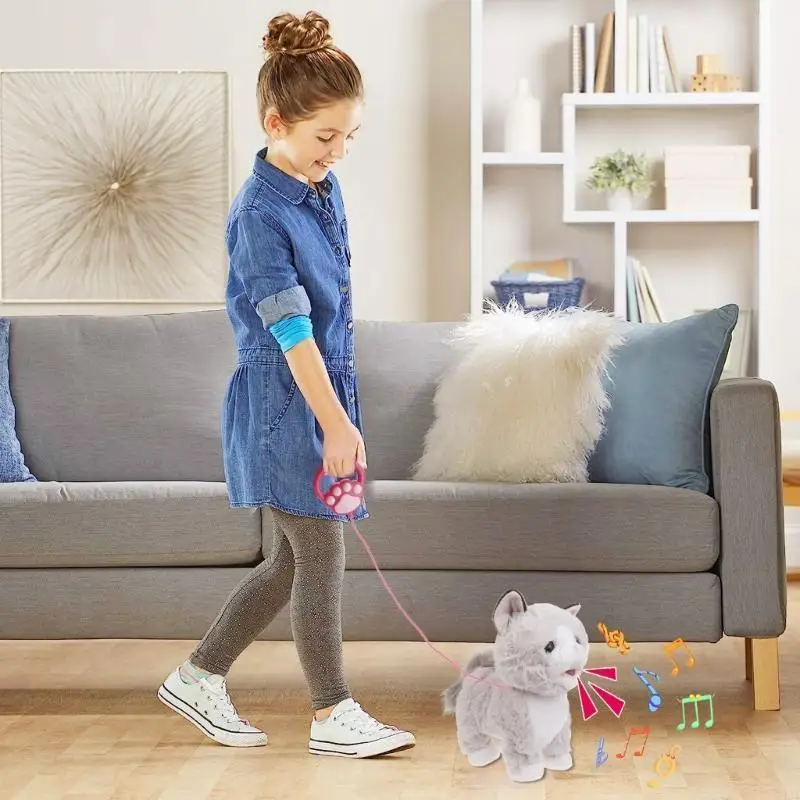 54DA smycz pluszowy kot dla kota elektryczna chodząca zabawka dla kota symulacja śpiewający kotek prezent dla dzieci