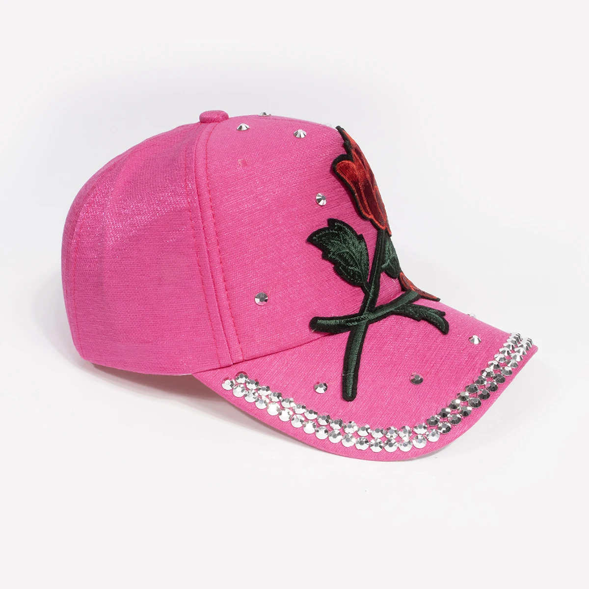 Damen Vintage Baseballkappe mit Großer Rosen-Dekoration Strass-Verzierung Modische Mütze Elegante Rosenblüten-Krone Kopfbedeckung Caps – Detail 6