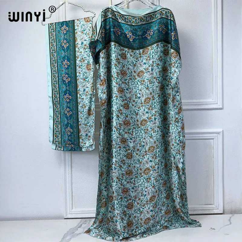 WINYI abaya women muslim dress african dubai abaya Crew Neck   print Kaftan Dress, Elegant Maxi Length Dress,beach outfits women