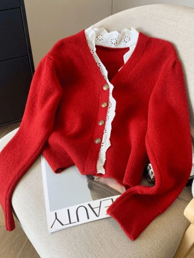 

QWEEK Office Ladies Elegant Vintgae Cardigan Women French Retro Solid Button Knitted Knit Loose Oversize Sweater 2024 Autumn