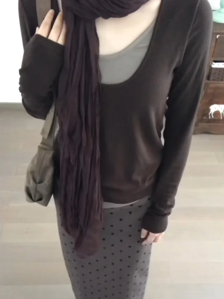 

Retro American Splice Color Blo Long Sve T-irt Women's Autumn Lazy Fit Inner Wear Base irt Top V-ne Regular Length