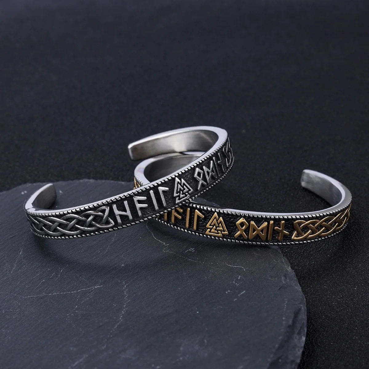 Vintage Viking Rune Bangles for Men Women Celtic Knot Shaped Stainless Steel Open Bracelet Jewelry Medium Golden Accessory Gift