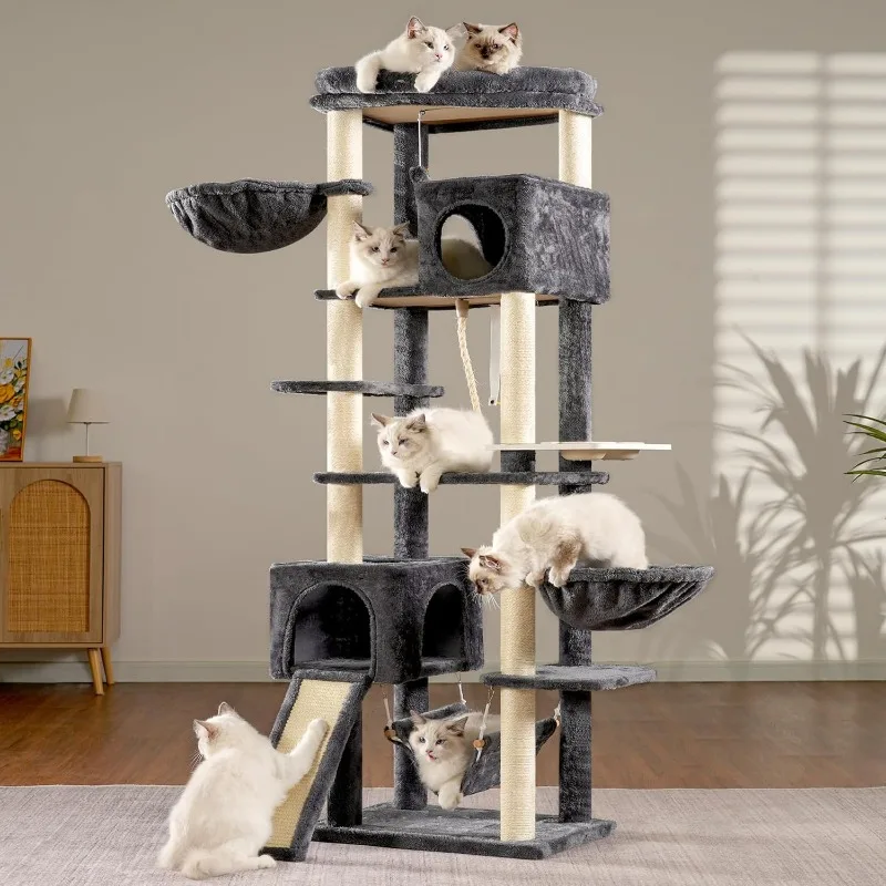 70.8 Inches Multi-Level Cat Tree Tower for Large , Heavy Duty Tower with Cat Condo,Baskets, Big Hammock and Food Bowls