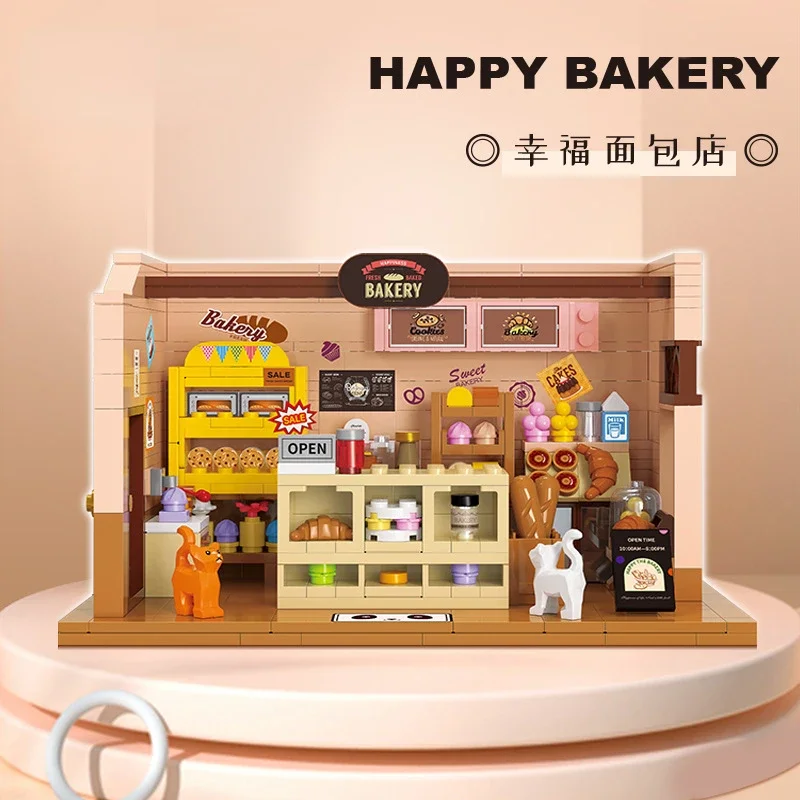 

Creative collage, building block wooden houses, bakeries, cafes, game houses, toys, luxury villas, girls' birthday gifts