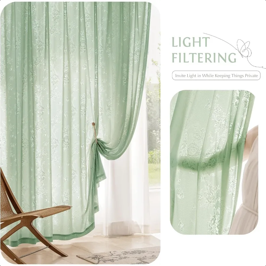 Green Floral Jacquard Sheer Curtains 84 Inches Long 2 Panels for Living Room Bedroom Semi Lace Flower Privacy Light Filtering N