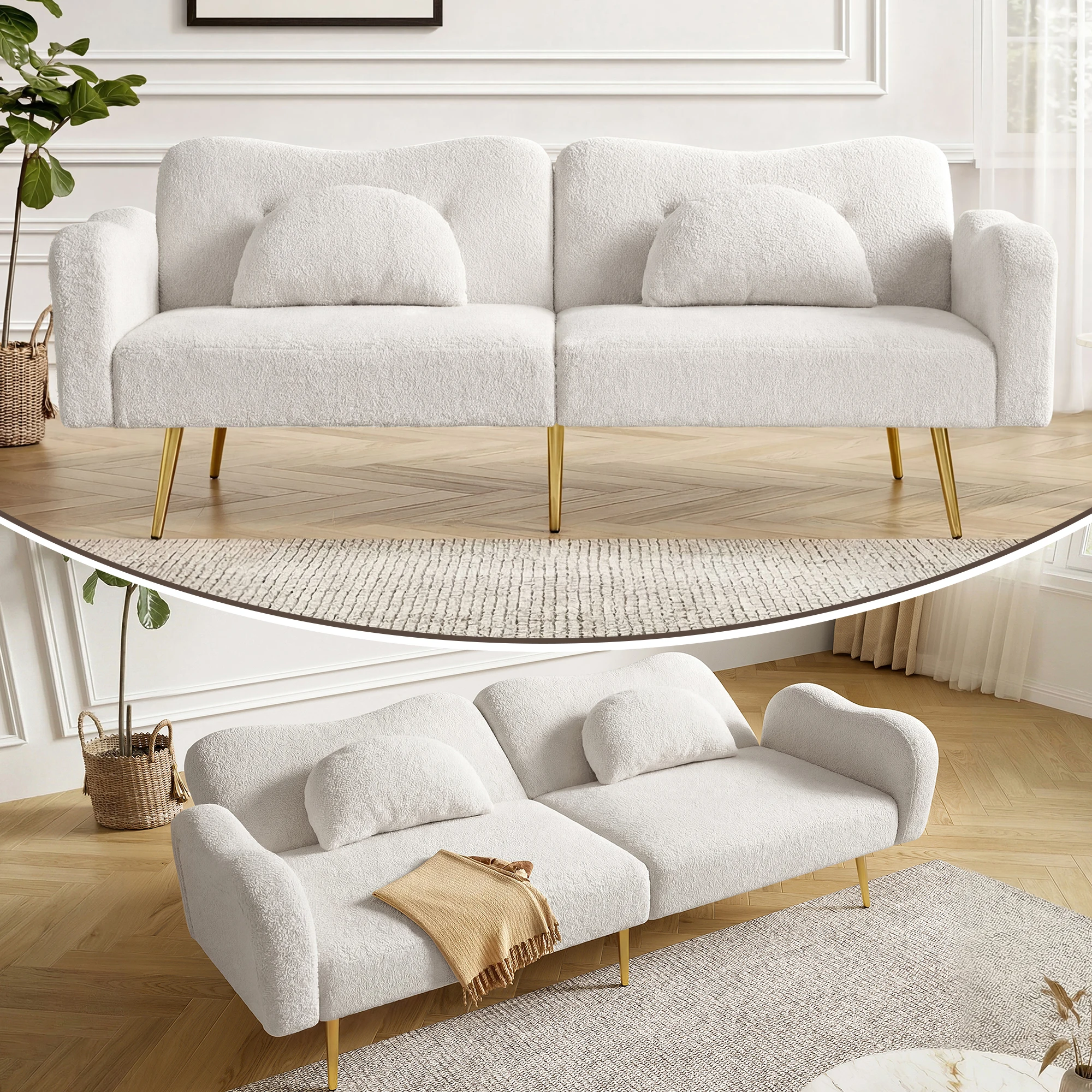 KOMHTOM Zweisitzer Sofabett Multifunktionales 2 In 1 Moebelstueck Mit Verstellbarer Rueckenlehne Vergoldeten Metallfuesen – Detail 5