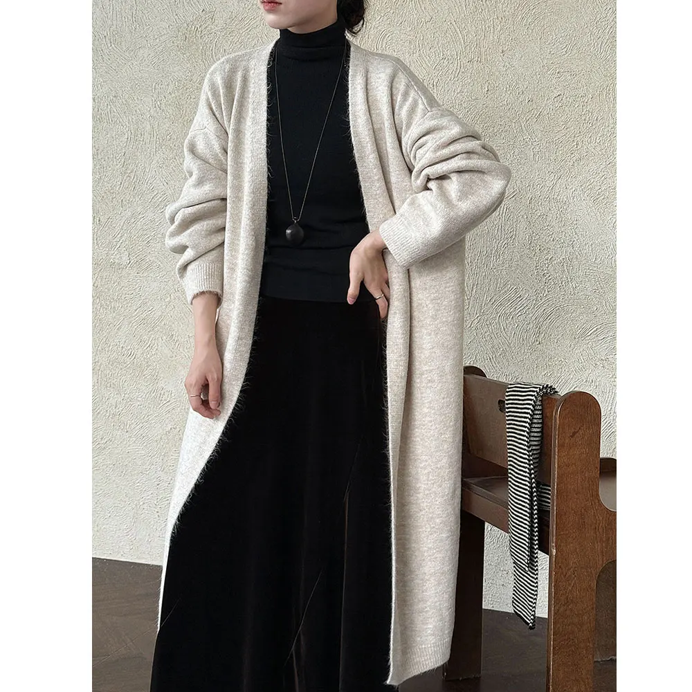 2025년 신상 여성 니트 롱 스웨터 코트 오픈 스티치 브이넥 긴팔 가디건 가을 겨울 여성용 상의 스웨터