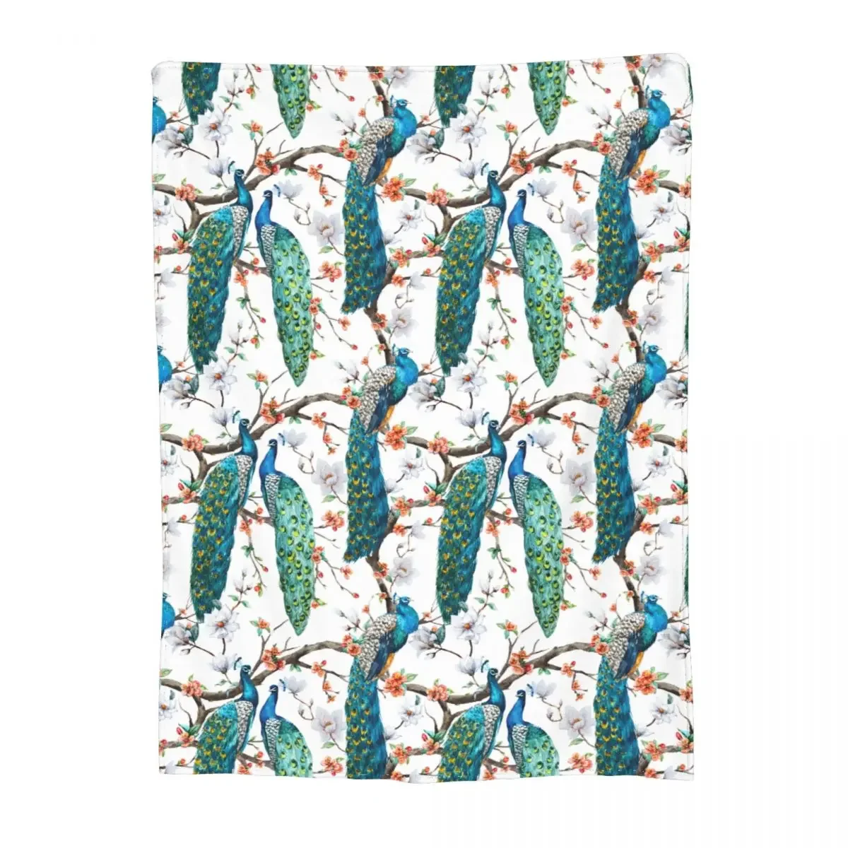 Cozy Peacocks Lover Blooming Cherry Trees Blanket Sofa Decorative White Magnolia Flowers Sakura Peacocks Throw Blankets Soft