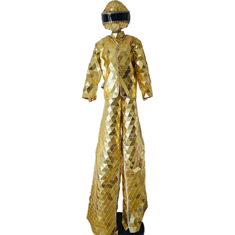 Gold Mirror Show Suit Hand Sewn LED Stilts Walker Gold Normal Model Stage Performance Suit Dance Clothing for Party Nightclub