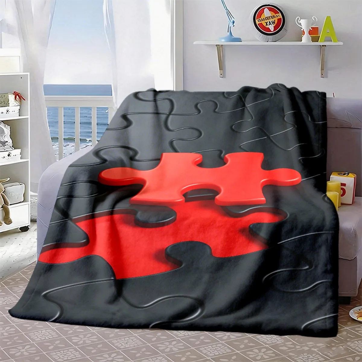 3D Black Red Puzzle Piece Texture Fashion Flannel Blanket for Sofa Bedroom Office Modern Minimalist Warm Home Decoration