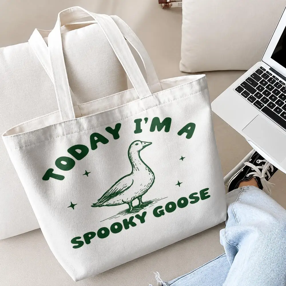 Storage Bags 2-Piece Set Spooky Goose Funny Double-Sided Print with Zipper Canvas Eco Tote Bag for Beach Travel Picnic