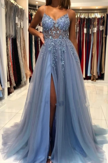 A-Line V-Neck High Slit Floor-Length Dresses For Prom Applique Tulle Zipper Up Sleeveless Halter Hollow Out Formal Occasion Dres