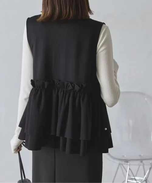 

Sleeveless Hoodie Waistcoat Women's Vest Autumn Winter Round Neck Ruffle Edge Hem Nail Bead Zipper Vests
