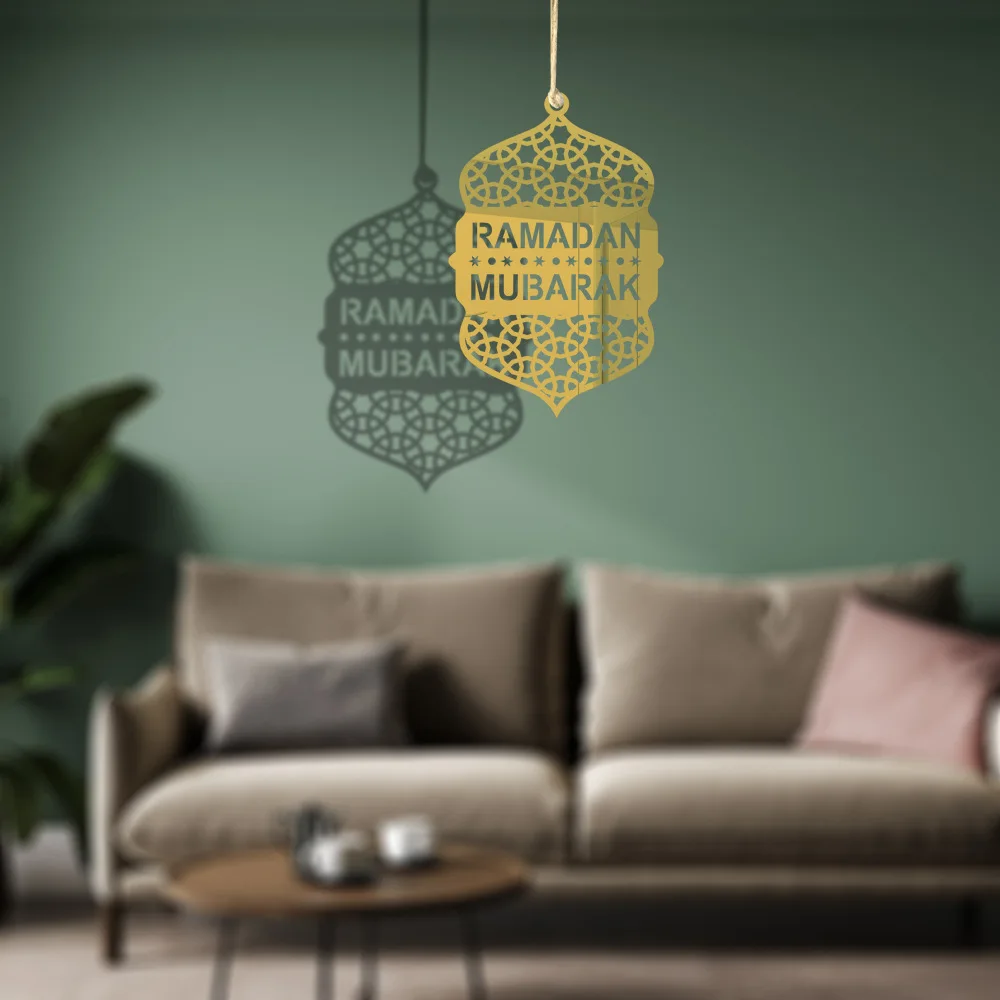 Ramadan Acrylic Gold Hanging Pendant Moon Star Lantern Eid Mubarak Hanging Hollow Decor Happy Eid Sign for Muslim Islamic Party