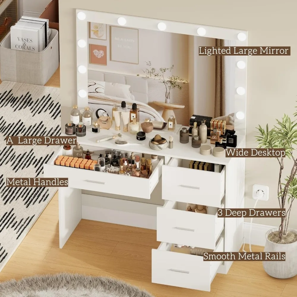 Makeup Vanity Table, Makeup Table with Large Mirror and 11 LED Lights, Brightness Adjustable, Dressing Table Desk with 4