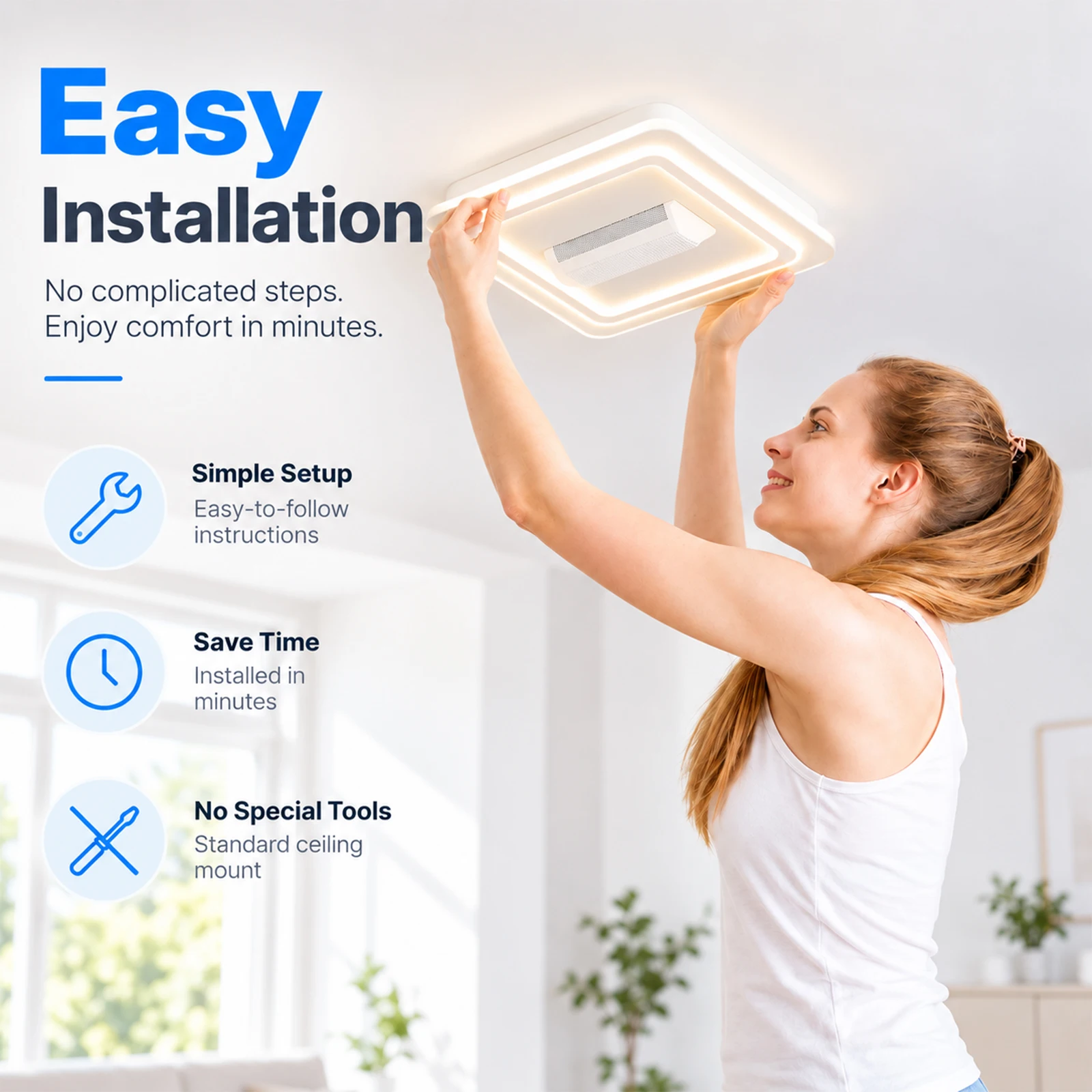 Quadratische Deckenlampe mit Ventilator, moderner, blattloser, intelligenter Lüftungsventilator, Fernbedienung, Dimmbarkeit, 6 Geschwindigkeiten, Heimdekoration, cooler Deckenventilator mit Licht. – Detail 5