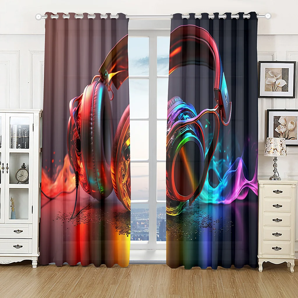 

2pcs Dynamic Black Bottom Earphone Printed Translucent Curtains Multi-Scene Polyester Rod Pocket Decor Curtains for Living Room