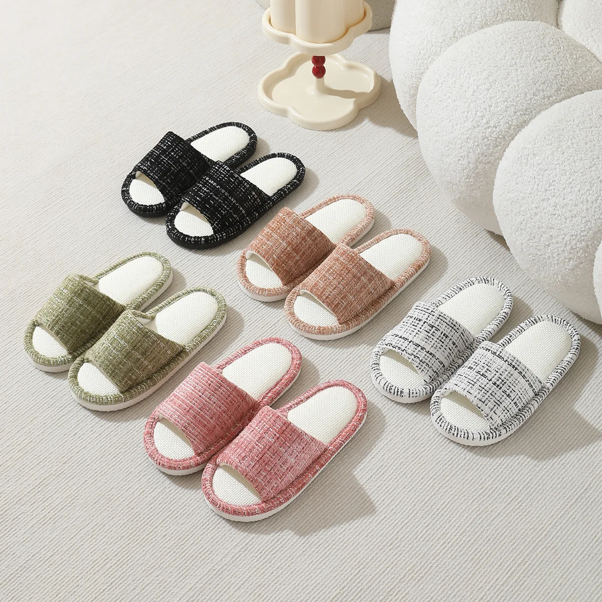 เปิดนิ้วเท้าผ้าลินินรองเท้าแตะสําหรับสตรีสบายรองเท้าแตะในร่มลื่นผู้หญิงลายห้องนั่งเล่น Unisex ชั้นสไลด์