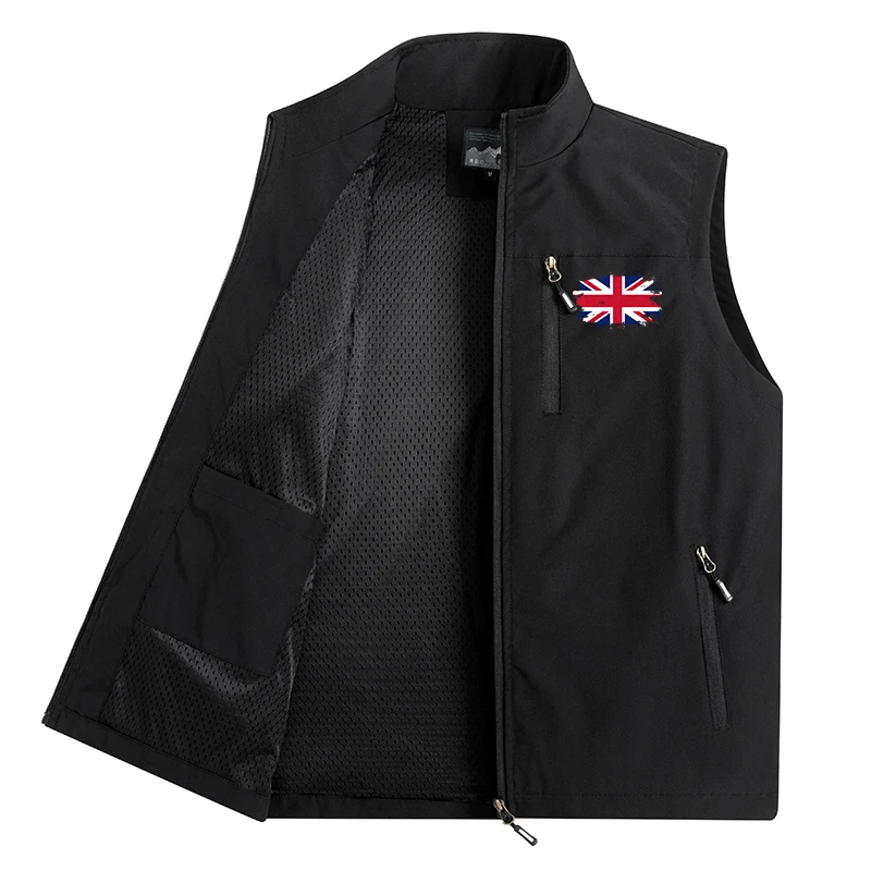 Flag Print Softshell Vest Jacket for Men Spring Fall Windproof Jacket with Zipper Pocket Outdoor Hiking Golf Outwear Windbreaker