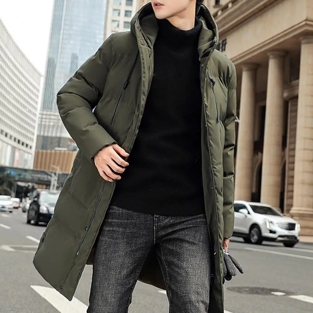 Winter Men'S Leisure Trend Handsome Medium Length Down Coat Hooded Thickened Padded Jacket Keep Warm Zip Up Men Winter Coat