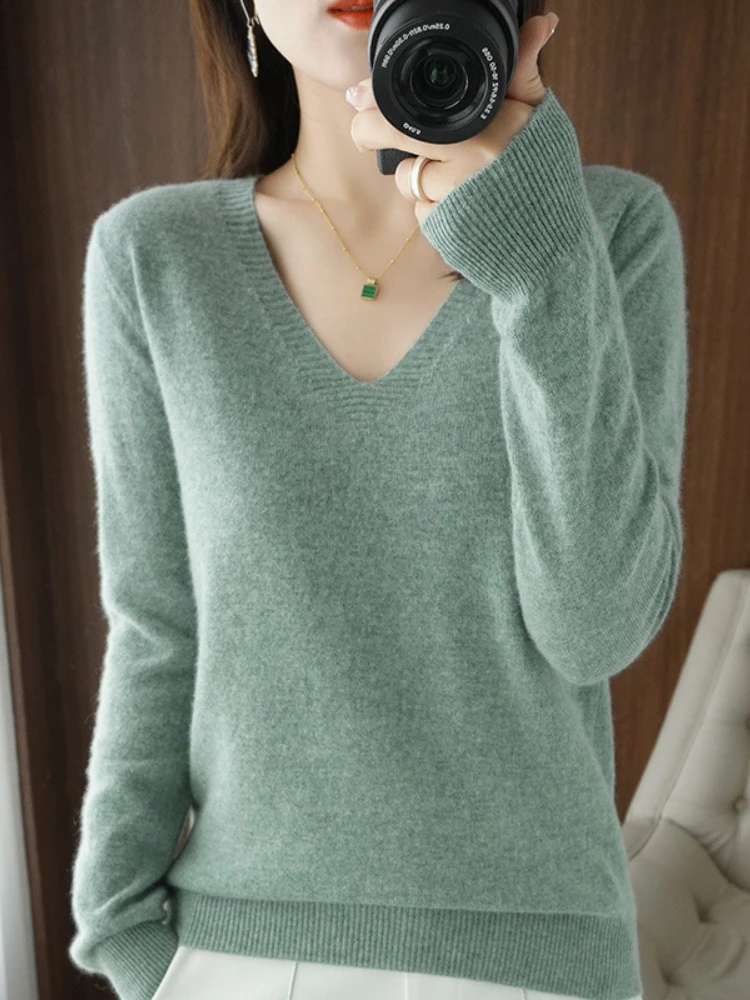 

Autumn New V-neck Loose Knit Sweater Versatile Sweater Solid Color Long-sleeved Thin Section Tops Sweaters Women Knitwear Jumper