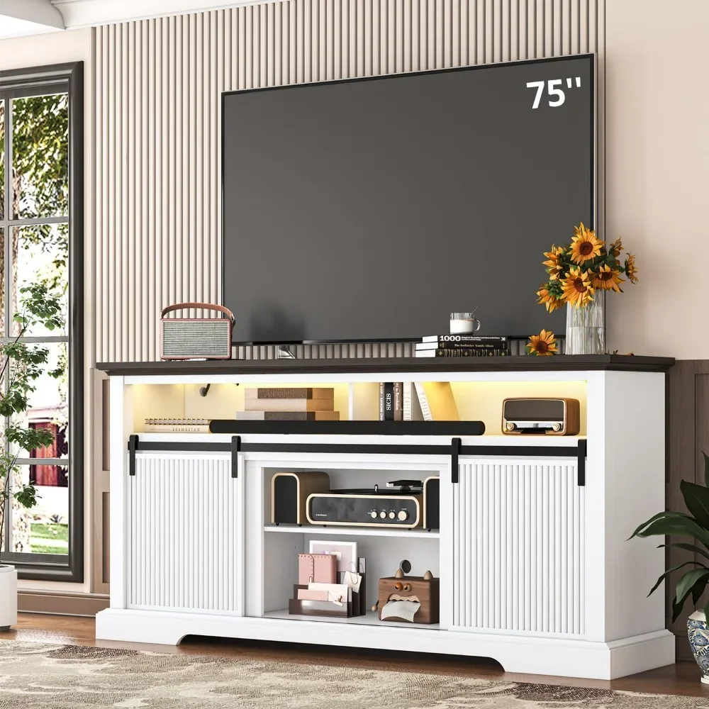 

75 Inch TV Stands with 32 Inches High Entertainment Center, LED Lighting, Outlets, Sliding Doors