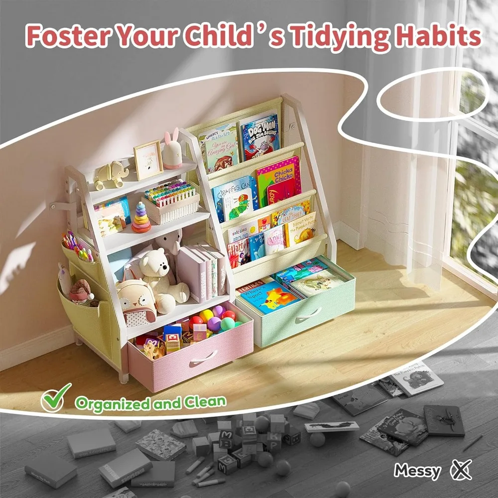 رف كتب وقوي للأطفال الصغار من مونتيسوري مكون من 3 طبقات ومنظم ألعاب مع أرفف كتب وصناديق تخزين