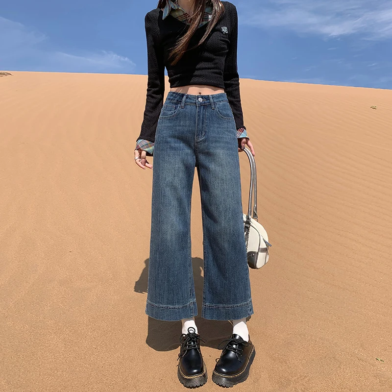 جينز نسائي عالي الخصر وواسع الساق Y2K من قماش الدنيم للربيع والخريف مرن فضفاض مناسب بطول الأرض جينز أبيض مستقيم القطع Dazan