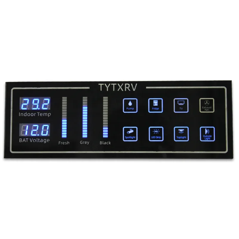 TYTXRV Customizable 8-Way Switch Control Panel with Sensors & Relays Blue Backlight Touch Switch Panel for for Car RV Camper