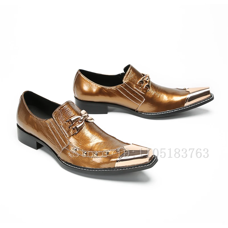 

Luxury Golden Brown Genuine Leather Men Dress Shoes Handmade Square Toe Metal Buckle Wedding Party Oxford Shoes
