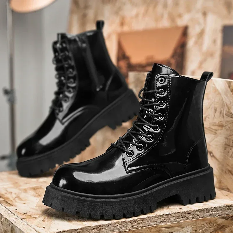 Doc Martens men\'s summer breathable high top British style sportcasual bright leather biker boots Black platform work boots