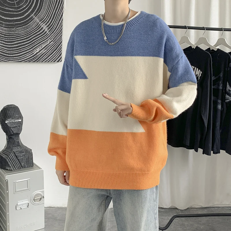 Modny koreański sweter-kurtka z dzianiny w stylu Hong Kong, luźny, casualowy dla mężczyzn, okrągły dekolt, model zimowy, włókno poliestrowe, młodzieżowy, casual...