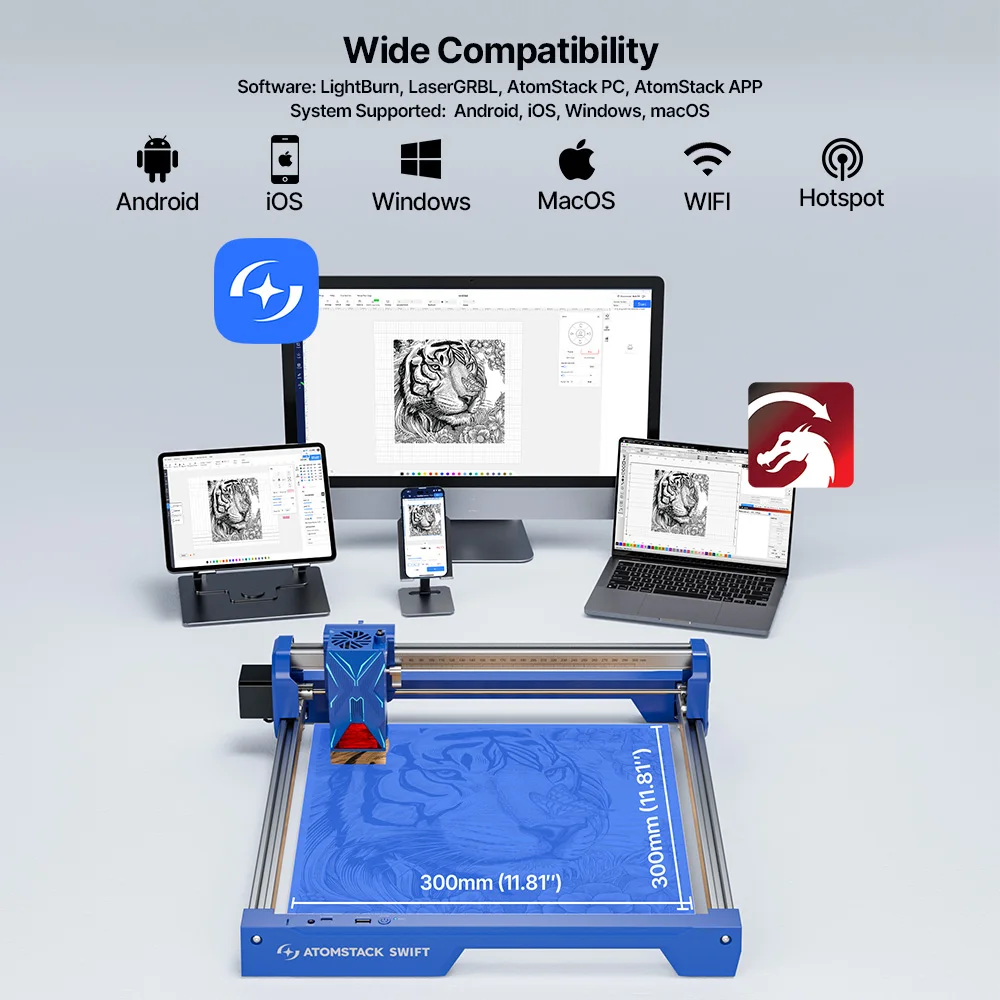 Grabador Láser AtomStack Swift de 7W, Cortador Láser de Escritorio para Madera y Metal, Máquina CNC Portátil para Bricolaje con AI y LightBurn, WiFi/USB para Aficionados y Pequeñas Empresas