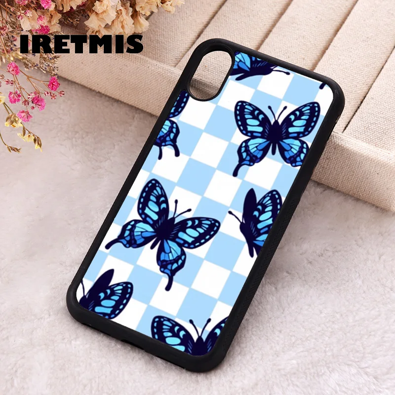 Iretmis Phone Cover Case For iPhone X XS Max XR 11 12 13 PRO MINI 14 15 16 Plus Rubber Silicone Butterfly check baby blue