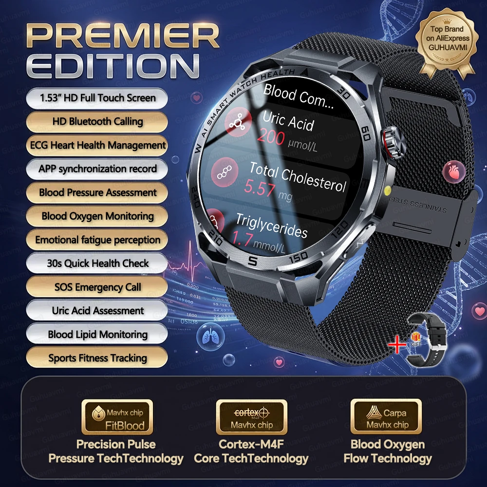 2026New Nursing-Grade AI ECG Smart Watch 1.53''Sapphire Glass Heart Rate Blood Lipid Uric Acid Monitor Bluetooth Call Smartwatch image 3
